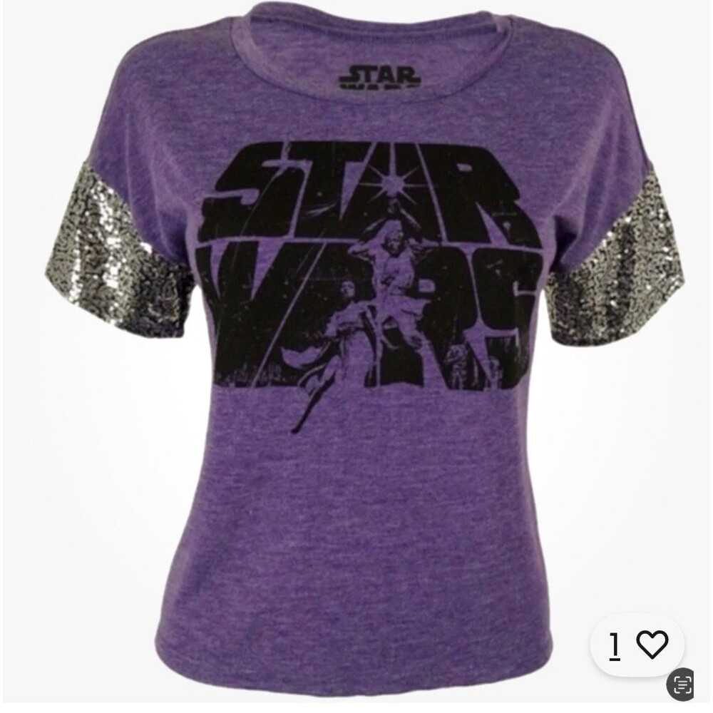 Star Wars Logo Juniors Sequin Short Sleeve Purple Heather T-Shirt, Small